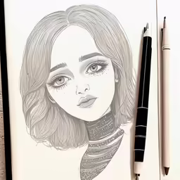 drawing of woman with black and white background on paper