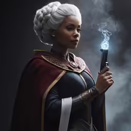 the girl with white hair in her long hair is holding a gun