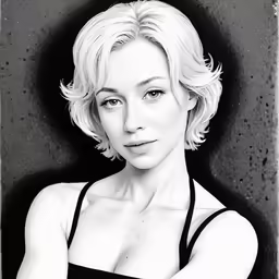 a black and white image of a woman with blond hair