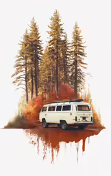 white van parked in front of some trees and an island
