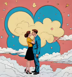 a man and a woman standing on top of clouds,a couple is kissing in front of clouds
