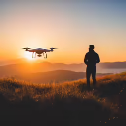 man holding camera in his hand and looking at the sunset behind him