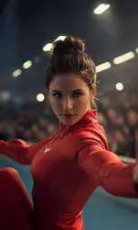 an attractive woman wearing a red outfit sitting in front of a large audience