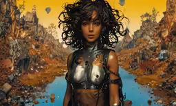 a beautiful woman in sci - themed clothes poses by water