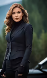 a young woman in a black suit posing for a photograph