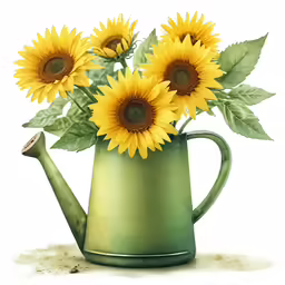 a green watering can with three sunflowers in it