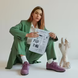 a woman with a newspaper sits on the floor