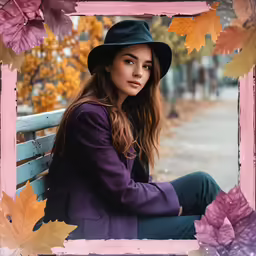 a young woman with long hair, wearing a hat sits on a bench