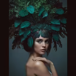 a young woman wearing a green leaf hat