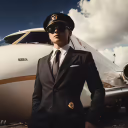 a man in a suit and hat posing next to an airplane