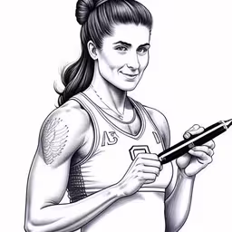 an image of a woman drawing with her pen,a cartoon character holding a pen and wearing an uniform,a drawing of a girl in a top knot with a pen,a woman in a vest holding a pen,a woman in a jersey holding a pen and smiling