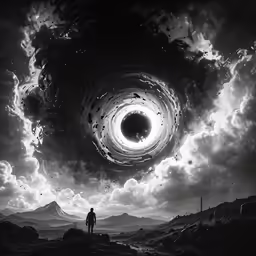 the person stands alone in front of an image of a black hole