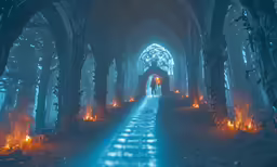 a creepy hallway with arches and a few fire