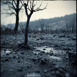 a bare tree stands alone in a very dirty field