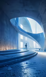 the inside of a building, a man in a suit and boots walks through the floor