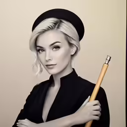 a woman in black jacket and hat holding a wooden baseball bat