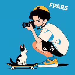 a person kneeling next to a cat and taking a picture