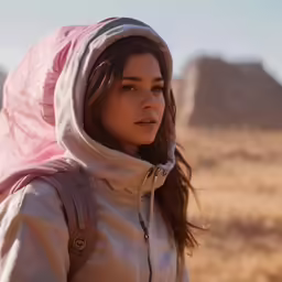 a woman wearing a hoodie is in the desert