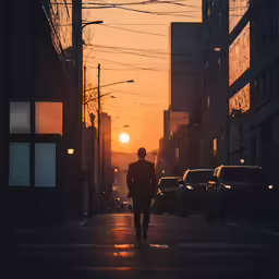 a man walking down a sidewalk towards the sun