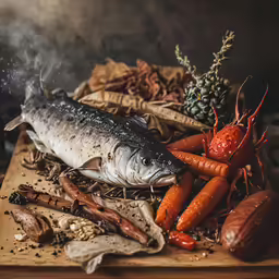 some kind of fish in the middle of many different foods