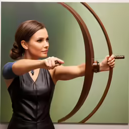a female in a leather outfit is holding up her hand as if aiming the bow