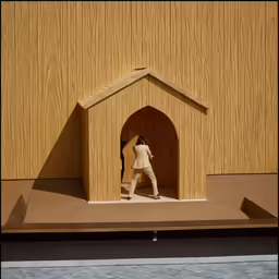 a sculpture of a person with a dog house, made of wood