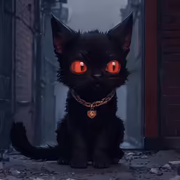 a black cat wearing a gold chain and glowing eyes