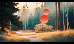 three orange balloons suspended above a dirt road near trees