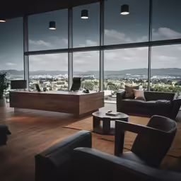 large windowed office with large desk in center