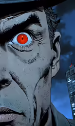 an orange eye appears in the background of a building