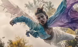 an artistic shot of a woman in white and blue dress flying