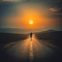 a biker rides down the road in the setting sun