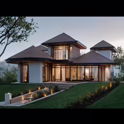 a large home with a modern architecture in the evening