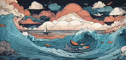 a painting shows waves, birds and a man on a surfboard in the ocean,a painting of a wave with birds flying by