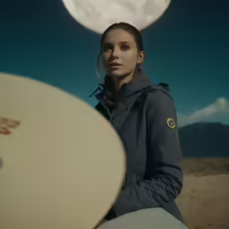 there is a young woman standing in front of a frisbee