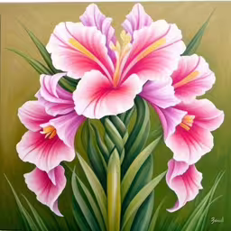 pink flowers are featured in this painting,a painting of pink flowers on green grass,a painting of pink flowers sitting on a green surface,painting of flowers on a green background,a painting of a flower on a green background