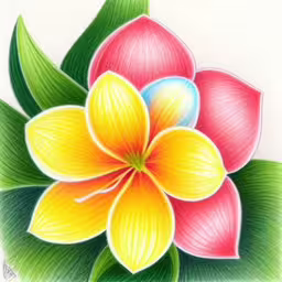 a flower painted in bright pink and yellow,colored flowers are shown in this drawing
