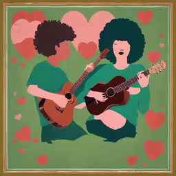 two women, one holding a guitar and the other playing an acoustic instrument,the image shows two women with guitars in front of a green background