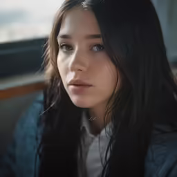 a close - up view of an asian girl with long dark hair looking off in the distance