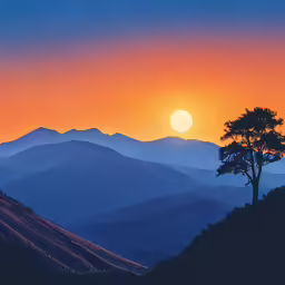 a painting of a sunset over mountains with a tree and sky