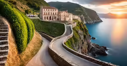 an aerial view of a scenic seaside scene at sunset