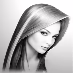 a woman with long, shiny hair and blue eyes