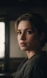 the young woman is staring straight ahead