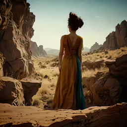 the woman is dressed in medieval costume while looking into the desert