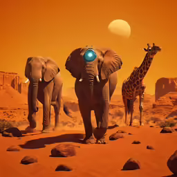 a couple of elephants with glowing blue eyes