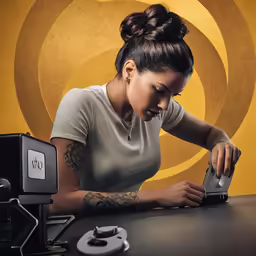 a woman looking at a tablet computer screen