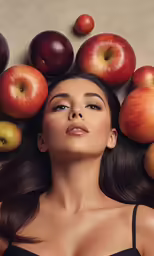 a woman with apples in her hair is surrounded by other fruit