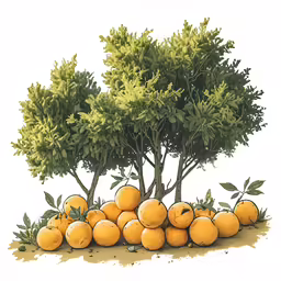 there is a group of oranges growing under the trees