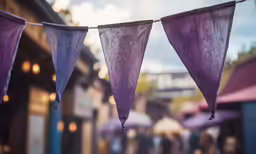 a purple and black towel hangs in the air near a store