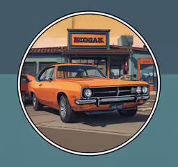 a orange and black old car sitting in front of a store,an orange classic car sitting in front of a building